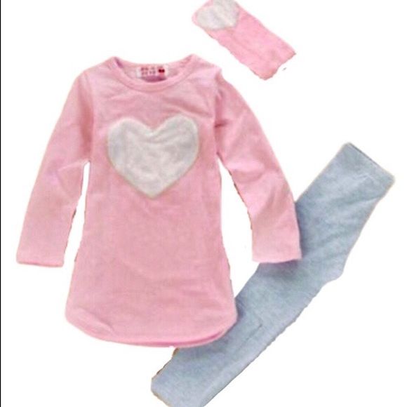 Pink Valentine White Puffy Heart 3 Piece Set - Top Leggings & Headband Set - Picture 10 of 10